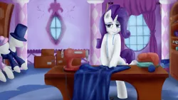 Size: 1920x1080 | Tagged: artist:taggerung, bedroom eyes, crepuscular rays, derpibooru import, fabric, ponyquin, rarity, safe, sewing, sewing machine, solo