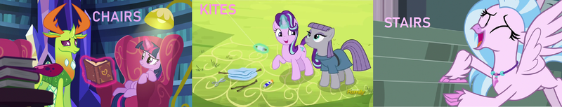 Size: 3160x604 | Tagged: addiction, alicorn, armchair, book, castle of the royal pony sisters, chair, changedling, changeling, classical hippogriff, derpibooru import, edit, edited screencap, excited, hippogriff, king thorax, kite, library, magic, maud pie, meme, obsession, rock solid friendship, safe, school daze, screencap, silverstream, stairs, starlight glimmer, starlight glimmer does loves kites, that hippogriff sure does love stairs, that pony sure does love chairs, that pony sure does love kites, thorax, triple threat, twilight sparkle, twilight sparkle (alicorn), twilight sparkle does loves chairs