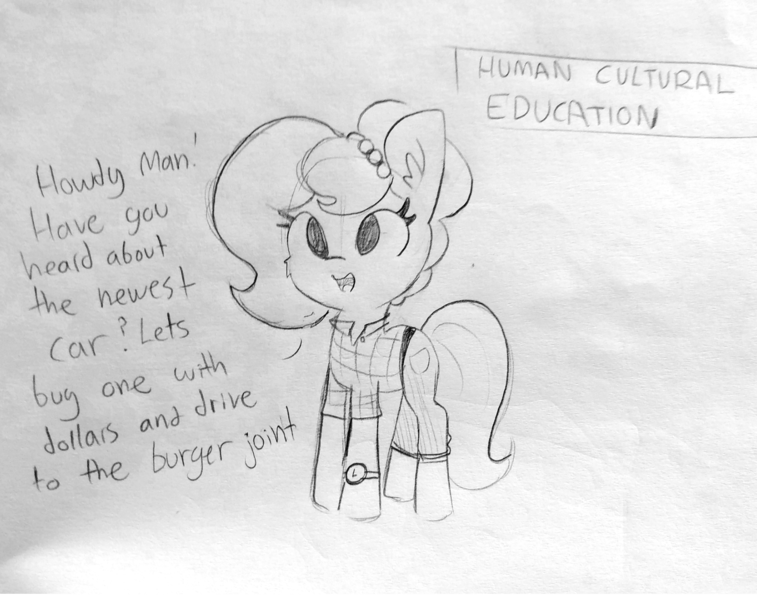 Size: 1817x1440 | Tagged: safe, artist:tjpones, derpibooru import, oc, oc:brownie bun, unofficial characters only, earth pony, pony, horse wife, cheek fluff, clothes, dialogue, ear fluff, female, grayscale, lineart, mare, monochrome, solo, text, traditional art, watch