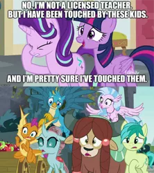 Size: 1280x1440 | Tagged: safe, derpibooru import, edit, edited screencap, screencap, gallus, ocellus, sandbar, silverstream, smolder, starlight glimmer, twilight sparkle, twilight sparkle (alicorn), yona, alicorn, changedling, changeling, classical hippogriff, dragon, earth pony, gryphon, hippogriff, pony, yak, school daze, accidental innuendo, epic fail, facehoof, fail, female, innocent innuendo, male, meme, parody, phrasing, school of rock (movie), student six, teenager, that came out wrong, this will end in jail time, twilight is a foal fiddler