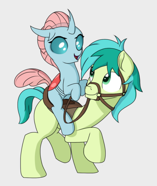 Size: 909x1080 | Tagged: safe, artist:foal, derpibooru import, ocellus, sandbar, changedling, changeling, earth pony, pony, school daze, bridle, changelings riding ponies, cute, diaocelles, duo, female, gray background, horses doing horse things, image, male, ocelbar, ocellus riding sandbar, png, raised hoof, reins, riding, saddle, sandabetes, shipping, simple background, stallion, straight, tack