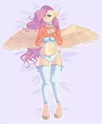Size: 1056x1280 | Tagged: anthro, artist:dinoalpaka, bell, bell collar, blue underwear, bra, breasts, clothes, collar, derpibooru import, ear fluff, female, fluttershy, frilly underwear, looking at you, mare, panties, pegasus, rcf community, ribbon, solo, solo female, spread wings, stockings, striped stockings, striped underwear, suggestive, sweater, toeless stockings, underwear, unguligrade anthro, wings
