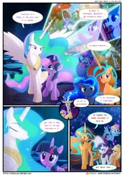 Size: 3500x4950 | Tagged: safe, artist:light262, artist:lummh, derpibooru import, applejack, discord, fluttershy, princess celestia, princess luna, rainbow dash, rarity, twilight sparkle, twilight sparkle (alicorn), oc, oc:princess tempora, alicorn, draconequus, earth pony, pegasus, pony, unicorn, comic:timey wimey, alicorn oc, comic, dialogue, eyes closed, speech bubble