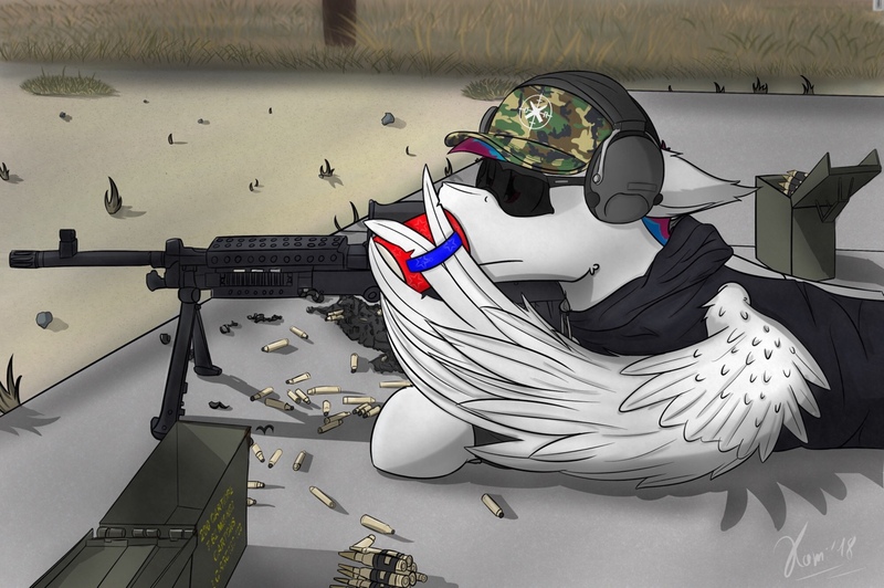 Size: 1280x851 | Tagged: safe, artist:kamithepony, derpibooru import, oc, oc:kami, pegasus, pony, ammobox, clothes, coffee, coffee mug, demolition ranch, grass, gun range, hat, hoodie, m240, mug, solo, sunglasses