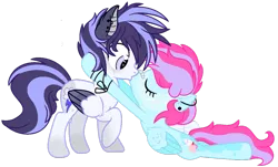 Size: 1024x620 | Tagged: safe, artist:bezziie, derpibooru import, oc, oc:cloudy, oc:strawberry pie, unofficial characters only, pegasus, pony, base used, female, kissing, male, mare, simple background, stallion, straight, transparent background, two toned wings