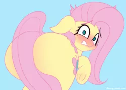 Size: 1924x1380 | Tagged: safe, artist:n0nnny, derpibooru import, fluttershy, pegasus, pony, blue background, blushing, female, flutterbutt, looking at you, looking back, looking back at you, mare, plot, raised hoof, simple background, solo, strategically covered, tail censor, the ass was fat, underhoof, wide eyes