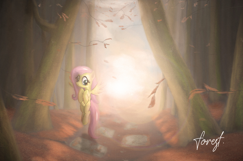 Size: 1800x1198 | Tagged: safe, artist:papaudopoulos69, derpibooru import, fluttershy, pegasus, pony, female, floating, forest, looking at you, mare, path, smiling, solo, spread wings, wings