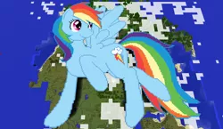 Size: 1440x838 | Tagged: safe, artist:catawump, artist:theunknown644, derpibooru import, rainbow dash, pegasus, pony, 3d, crossover, female, game screencap, mare, minecraft, minecraft pixel art, pixel art, raised hoof, solo