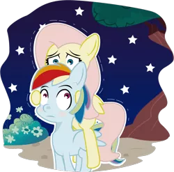 Size: 700x692 | Tagged: safe, artist:papaudopoulos69, derpibooru import, fluttershy, rainbow dash, pegasus, pony, duo, female, hiding, mare, night, scared, shaking, tree