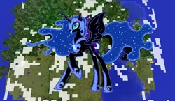 Size: 1440x838 | Tagged: safe, artist:moongazeponies, artist:theunknown644, derpibooru import, nightmare moon, alicorn, pony, 3d, armor, crossover, ethereal mane, game screencap, minecraft, minecraft pixel art, pixel art, raised hoof, solo, starry mane