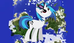 Size: 1440x838 | Tagged: safe, artist:theunknown644, artist:tsabak, derpibooru import, vinyl scratch, pony, unicorn, 3d, crossover, game screencap, giant pony, looking up, macro, minecraft, minecraft pixel art, pixel art, solo, sunglasses