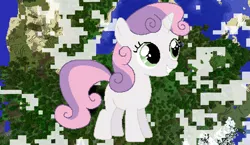 Size: 1440x838 | Tagged: safe, artist:paddixx, artist:theunknown644, derpibooru import, sweetie belle, pony, unicorn, 3d, blank flank, crossover, female, filly, game screencap, minecraft, minecraft pixel art, pixel art, solo