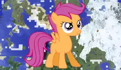 Size: 1440x838 | Tagged: safe, artist:shelmo69, artist:theunknown644, derpibooru import, scootaloo, pegasus, pony, 3d, crossover, female, filly, game screencap, minecraft, minecraft pixel art, pixel art, solo