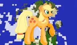 Size: 1440x838 | Tagged: safe, artist:catawump, artist:theunknown644, derpibooru import, applejack, earth pony, pony, 3d, crossover, game screencap, minecraft, minecraft pixel art, pixel art, raised hoof, solo