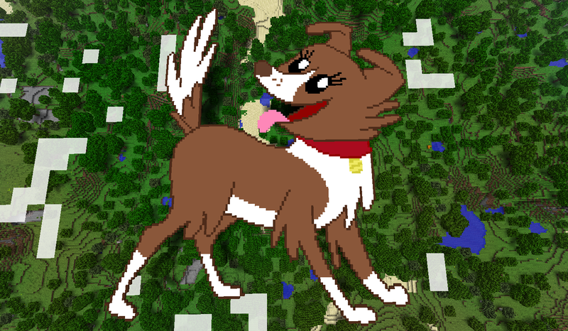 Size: 1440x838 | Tagged: safe, artist:moongazeponies, artist:theunknown644, derpibooru import, winona, dog, 3d, crossover, game screencap, minecraft, minecraft pixel art, pixel art, solo, tongue out