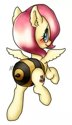 Size: 510x877 | Tagged: safe, artist:shusu, derpibooru import, fluttershy, pegasus, pony, animal costume, bee costume, blushing, clothes, costume, flutterbee, smiling, solo, wiggle