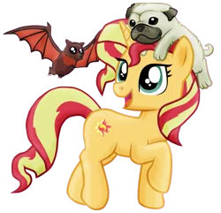 Size: 869x837 | Tagged: safe, artist:majkashinoda626, derpibooru import, sunset shimmer, bat, dog, pony, pug, unicorn, cute, female, flying fox, mare, pet, shimmerbetes, simple background, solo, transparent background