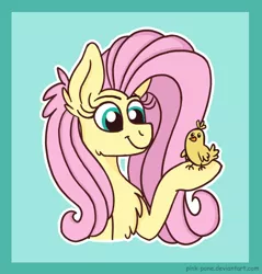 Size: 500x523 | Tagged: safe, artist:pink-pone, derpibooru import, fluttershy, bird, pony, bust, chick, portrait, solo