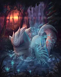 Size: 2696x3427 | Tagged: safe, artist:atlas-66, derpibooru import, fleetfoot, pegasus, pony, bathing, cute, diafleetes, digital art, eyes closed, female, forest, high res, mare, outdoors, scenery, scenery porn, showering, smiling, solo, sunset, tree, water, waterfall, waterfall shower