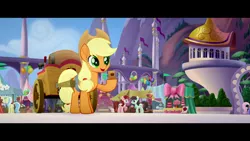 Size: 1920x1080 | Tagged: applejack, balloon, canterlot castle, cider, derpibooru import, drink, festival of friendship, flag, mug, my little pony: the movie, safe, screencap, tankard