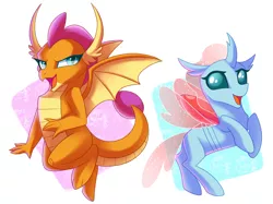 Size: 2732x2048 | Tagged: artist:sacredroses-art, changedling, changeling, derpibooru import, dragon, dragoness, duo, female, ocellus, safe, school daze, simple background, smolder, white background