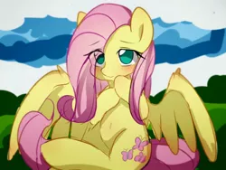 Size: 1440x1080 | Tagged: safe, artist:lan wu, derpibooru import, fluttershy, pegasus, pony, belly button, blushing, cute, eye clipping through hair, female, mare, no pupils, shy, shyabetes, sitting, solo, spread wings, wings