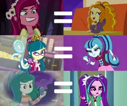 Size: 2444x2048 | Tagged: safe, derpibooru import, edit, edited screencap, screencap, adagio dazzle, aria blaze, gloriosa daisy, juniper montage, sonata dusk, wallflower blush, equestria girls, equestria girls series, forgotten friendship, legend of everfree, movie magic, rainbow rocks, clothes, equal sign, the dazzlings