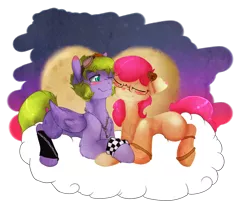 Size: 1024x868 | Tagged: safe, artist:never-coming-back, derpibooru import, apple bloom, spike, ponified, earth pony, pegasus, pony, alternate hairstyle, alternate universe, bandage, blank flank, blushing, clothes, cloud, colt, cuddling, cute, embrace, female, filly, freckles, glasses, heart, jewelry, key, male, necklace, ponified spike, remake, shipping, simple background, sky, species swap, spikebloom, straight, transparent background
