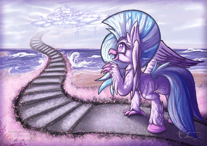 Size: 1195x845 | Tagged: artist:calena, beach, classical hippogriff, cloud, cloudsdale, cute, derpibooru import, diastreamies, female, flower, happy, hippogriff, jewelry, necklace, ocean, patreon, patreon logo, safe, school daze, shiny eyes, signature, silverstream, sky, smiling, solo, stairway to heaven, that hippogriff sure does love stairs, water, wings