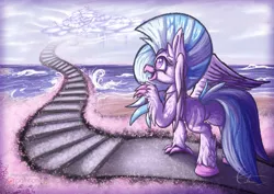 Size: 1195x845 | Tagged: artist:calena, beach, classical hippogriff, cloud, cloudsdale, cute, derpibooru import, diastreamies, female, flower, happy, hippogriff, jewelry, necklace, ocean, patreon, patreon logo, safe, school daze, shiny eyes, signature, silverstream, sky, smiling, solo, stairway to heaven, that hippogriff sure does love stairs, water, wings