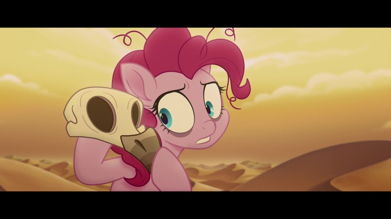 Size: 1920x1080 | Tagged: bone dry desert, crazy face, dead, derpibooru import, desert, desert sun madness, faic, insanity, my little pony: the movie, pinkie pie, safe, sand, screencap, skull