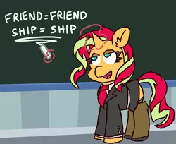 Size: 1422x1160 | Tagged: safe, artist:threetwotwo32232, derpibooru import, sunset shimmer, unicorn, 30 minute art challenge, chalkboard, clothes, female, friendship, glowing horn, levitation, lidded eyes, magic, mare, parody, socks, solo, stockings, suit, telekinesis, text, the simpsons, thigh highs