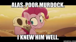 Size: 600x337 | Tagged: alas poor yorick, bone dry desert, caption, dead, derpibooru import, desert, desert sun madness, edit, edited screencap, hamlet, meme, my little pony: the movie, pinkie pie, safe, screencap, shakespeare, skull