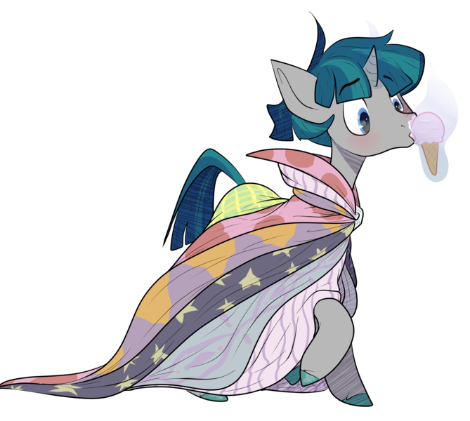 Size: 3373x3024 | Tagged: safe, artist:heyerika, derpibooru import, stygian, pony, unicorn, shadow play, blushing, clothes, colored hooves, food, ice cream, male, simple background, stallion, stygianbetes, transparent background