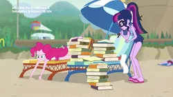 Size: 1280x720 | Tagged: safe, derpibooru import, screencap, pinkie pie, sci-twi, twilight sparkle, equestria girls, equestria girls series, friendship math, barefoot, beach, book, clothes, duo, duo female, feet, female, swimsuit, that girl sure does love books