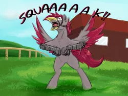 Size: 1832x1384 | Tagged: artist:testostepone, beak, bipedal, building, derpibooru import, ear piercing, fence, flapping, grass, hippogriff, oc, oc:velvet quill, piercing, safe, spread wings, strap on beak, unofficial characters only, wings