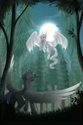 Size: 2000x3000 | Tagged: safe, artist:monogy, derpibooru import, oc, unofficial characters only, bat pony, pegasus, pony, bat pony oc, female, flower, flower in hair, forest, full moon, looking at each other, male, mare, moon, night, pale belly, smiling, stallion, tree