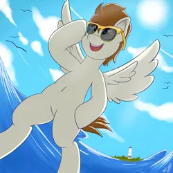 Size: 2500x2500 | Tagged: safe, artist:tonystorm12, derpibooru import, oc, unofficial characters only, bird, pegasus, pony, cloud, lighthouse, male, sky, solo, stallion, sunglasses, water