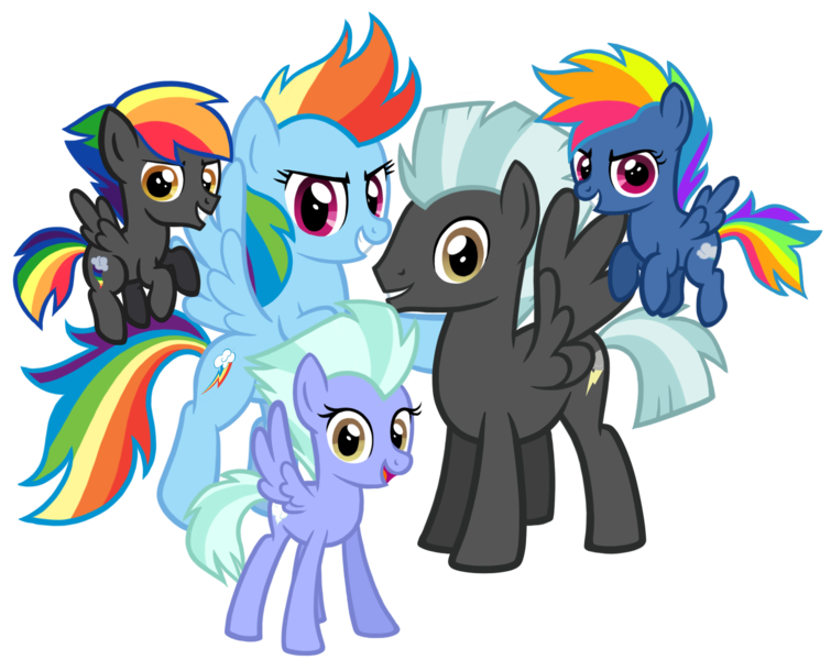 Size: 1540x1224 | Tagged: safe, artist:thecheeseburger, derpibooru import, rainbow dash, thunderlane, oc, oc:silver rain, oc:thunder cloud, pegasus, pony, adorapiehater, colt, cute, dashabetes, evil pie hater dash, family, female, filly, filly evil pie hater dash, grin, hnnng, looking at you, male, mare, next generation, ocbetes, offspring, parent:rainbow dash, parent:thunderlane, parents:thunderdash, shipping, simple background, smiling, stallion, straight, thunderdash, transparent background