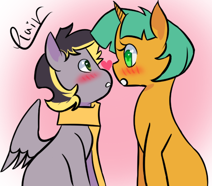 Size: 693x611 | Tagged: safe, artist:elair, derpibooru import, snails, oc, oc:aero, aeroshell, blushing, canon x oc, clothes, colt, cute, duo, gay, glitter shell, gradient background, heart, looking at each other, looking into each others eyes, male, offspring, offspring shipping, parent:derpy hooves, parent:oc:warden, parents:canon x oc, parents:warderp, scarf, shipping