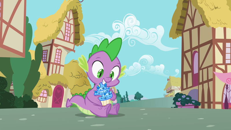 Size: 1280x720 | Tagged: cupcake, derpibooru import, dragon, food, ponyville, safe, sapphire, sapphire cupcake, screencap, secret of my excess, sitting, solo, spike