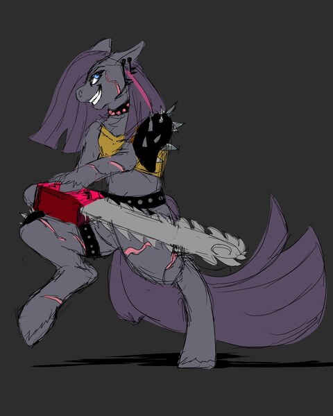 Size: 1200x1500 | Tagged: semi-grimdark, artist:brainiac, derpibooru import, oc, oc:motor runner, earth pony, pony, fallout equestria, chainsaw, chest fluff, collar, fallout equestria: scoundrels, floppy ears, male, pinned ears, raider, raider armor, scar, solo, spiked collar, stallion