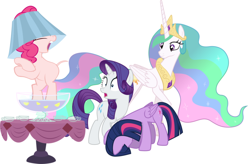 Size: 6358x4209 | Tagged: safe, artist:90sigma, artist:awesomecas, artist:mattyhex, artist:parclytaxel, derpibooru import, edit, edited edit, editor:slayerbvc, vector edit, pinkie pie, princess celestia, rarity, twilight sparkle, twilight sparkle (alicorn), alicorn, earth pony, pony, unicorn, ponyville confidential, the gift of the maud pie, the hooffields and mccolts, absurd resolution, bipedal, celestia is amused, cup, dancing, furless, furless edit, hat, head down, lampshade, lampshade hat, nude edit, nudity, pinkie being pinkie, ponk, punch (drink), punch bowl, shaved, shaved tail, simple background, smiling, table, transparent background, vector, we don't normally wear clothes