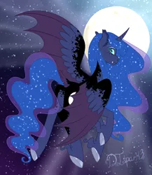 Size: 1540x1775 | Tagged: safe, artist:djspark3, derpibooru import, princess luna, alicorn, pony, alternate design, curved horn, dragon wings, ear fluff, ethereal mane, fangs, female, flying, full moon, looking at you, looking back, looking back at you, mare, moon, night, night sky, sky, slit eyes, solo, starry mane, starry night, stars, underhoof, unshorn fetlocks