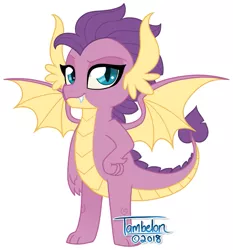 Size: 765x820 | Tagged: artist:tambelon, derpibooru import, dragon, female, horns, oc, oc:sizzle, offspring, parent:smolder, parent:spike, parents:spolder, safe, show accurate, solo, unofficial characters only