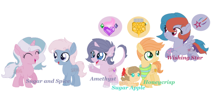 Size: 1024x447 | Tagged: safe, artist:superrosey16, derpibooru import, oc, oc:amethyst, oc:honeycrisp, oc:spice, oc:sugar, oc:sugar apple, oc:wishing star, unofficial characters only, dracony, earth pony, hybrid, pegasus, pony, unicorn, baby, baby pony, colt, female, filly, interspecies offspring, male, offspring, parent:applejack, parent:big macintosh, parent:caramel, parent:cheese sandwich, parent:fluttershy, parent:pinkie pie, parent:pokey pierce, parent:rainbow dash, parent:rarity, parent:spike, parents:carajack, parents:cheesedash, parents:fluttermac, parents:pokeypie, parents:sparity, simple background, transparent background