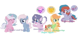 Size: 1024x447 | Tagged: safe, artist:superrosey16, derpibooru import, oc, oc:amethyst, oc:honeycrisp, oc:spice, oc:sugar, oc:sugar apple, oc:wishing star, unofficial characters only, dracony, earth pony, hybrid, pegasus, pony, unicorn, baby, baby pony, colt, female, filly, interspecies offspring, male, offspring, parent:applejack, parent:big macintosh, parent:caramel, parent:cheese sandwich, parent:fluttershy, parent:pinkie pie, parent:pokey pierce, parent:rainbow dash, parent:rarity, parent:spike, parents:carajack, parents:cheesedash, parents:fluttermac, parents:pokeypie, parents:sparity, simple background, transparent background