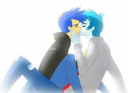 Size: 1600x1163 | Tagged: safe, artist:supermaxx92, derpibooru import, flash sentry, thunderbass, human, equestria girls, couple, gay, kissing, love, male, rocker, shipping, simple background, thunderflash, white background