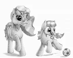 Size: 3144x2484 | Tagged: safe, artist:stallionslaughter, derpibooru import, oc, oc:tablett, unofficial characters only, alien, pony, duo, female, filly, football, grayscale, monochrome, pencil drawing, playing, smiling, sports, traditional art