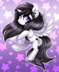 Size: 650x796 | Tagged: safe, artist:cabbage-arts, derpibooru import, oc, oc:star song, unofficial characters only, alicorn, pony, abstract background, alicorn oc, colored pupils, female, flying, looking at you, mare, solo